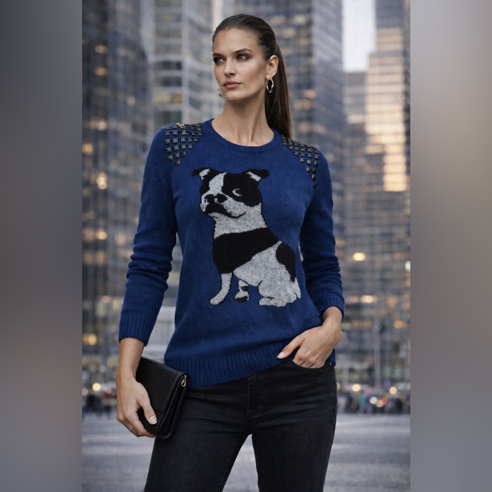 BCBGMAXAZRIA “Intarsia” Studded Cashmere-Blend Pullover Sweater